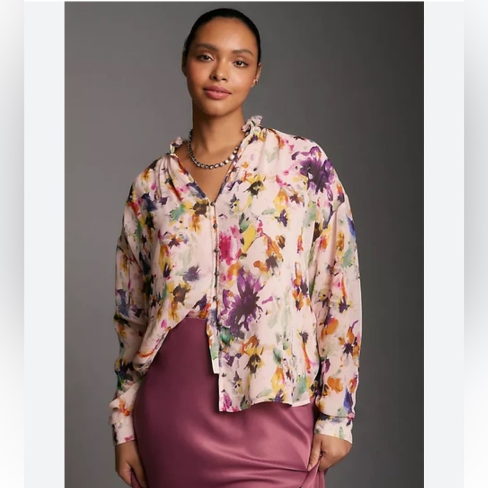 Anthropologie Floral Watercolor Button-Down Blouse in Cream, Purple, Pink
